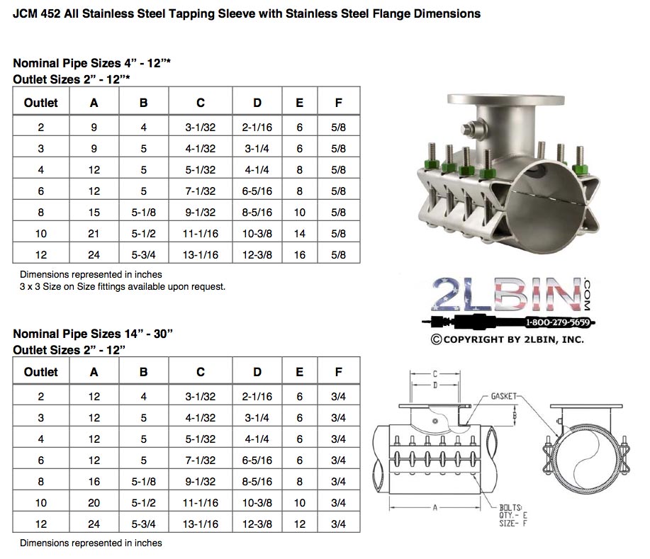 452 All Stainless steel Tapping Saddle Dimensions